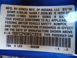 2019 Honda Civic LX Blue Sedan 2.0L AT #A24905